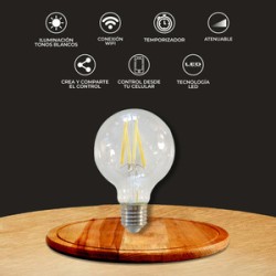 Foco Vintage LED Inteligente Globo G25 WiFi 5.5 W, Luz Blanca Ajustable, Base E27, Atenuable, Compatible con App móvil y Asisten