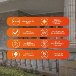 Lámpara de Pared Arbotante LED Exterior 12 W, Luz Cálida Brillante, IP54, IK07, No atenuable, LED integrado
