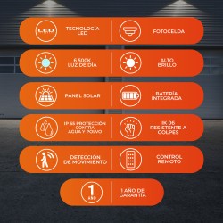Lámpara Solar LED 60 W, Luz de Día, Sensor de Movimiento, Control remoto incluido, Batería Integrada, IP65, IK06, LED integrado