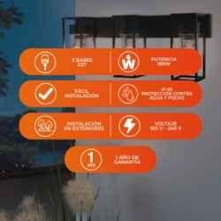 Lámpara de Pared Arbotante Exterior Máx. 180 W, 3 Bases E27, IP44, No incluye focos