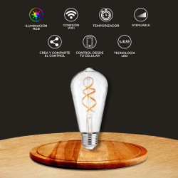 Foco Vintage LED Inteligente ST64 WiFi 4.5 W, Luz RGB + Cálida, Base E27, Atenuable, Compatible con App móvil y Asistentes de vo